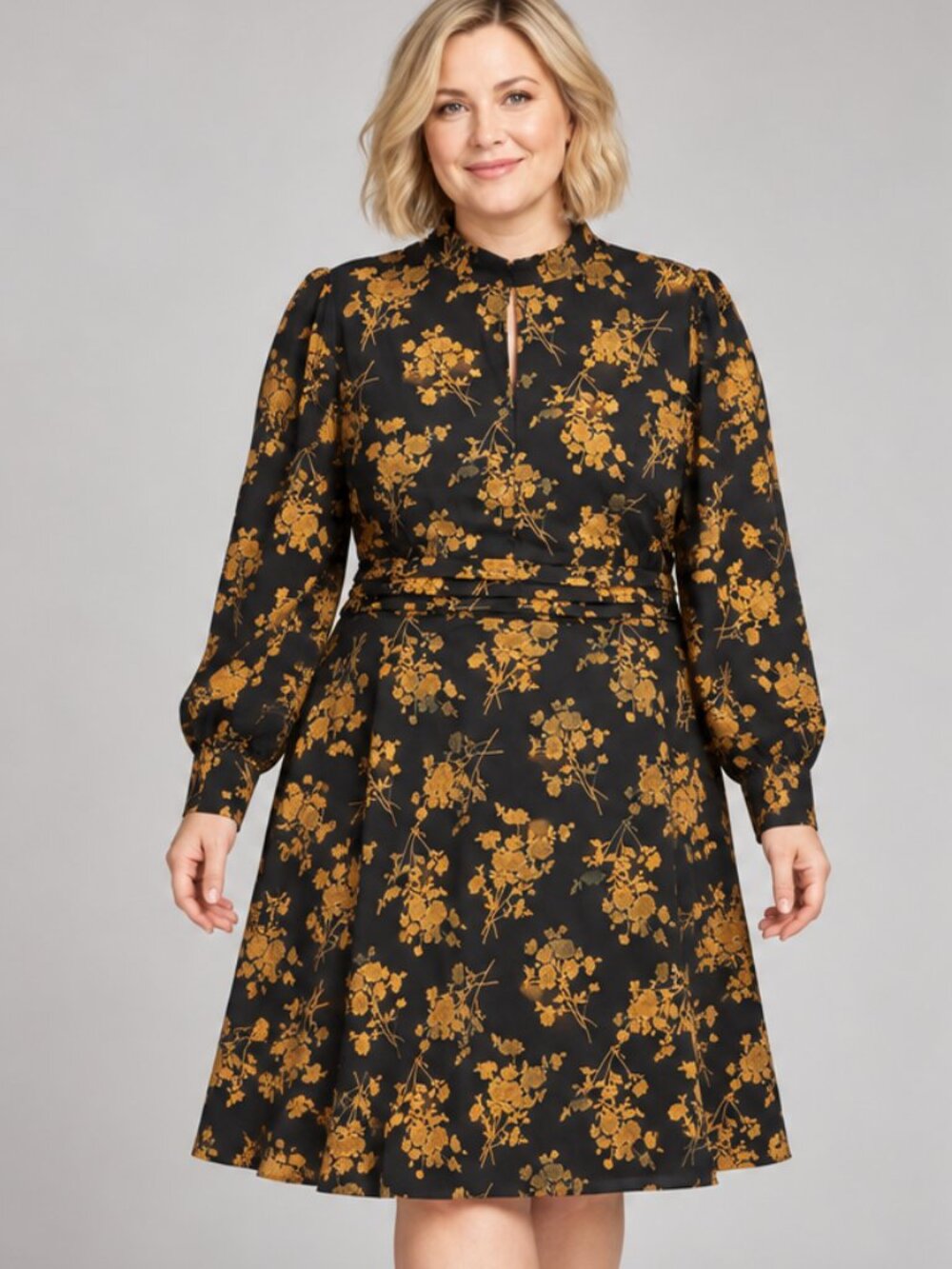 SHEIN Curve Black Yellow Floral Mock Neck Long Sleeve Dress 2XL